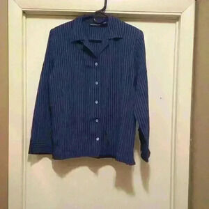 Impressions Button Up Long Sleeve Striped Blue & Black Blouse - Size M